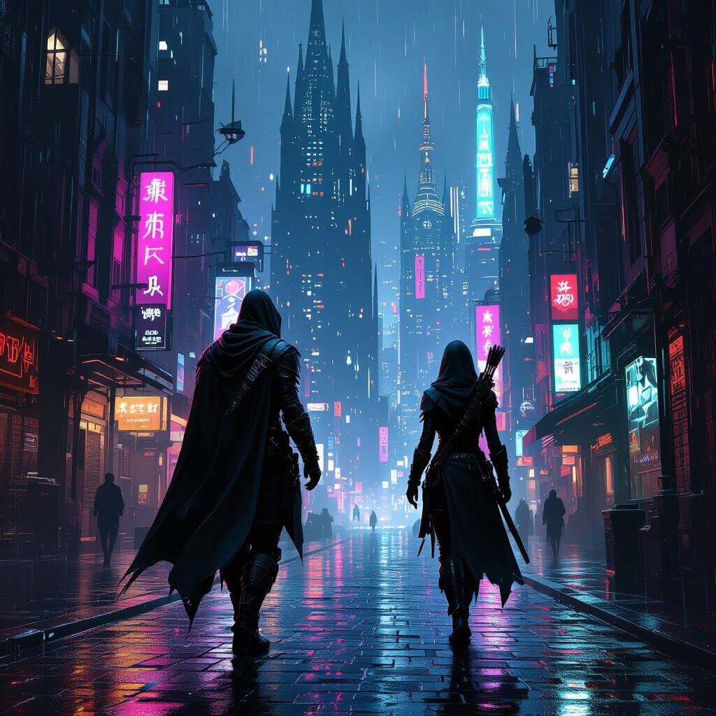 Elven Rogue in Rainy Cyberpunk City at Night