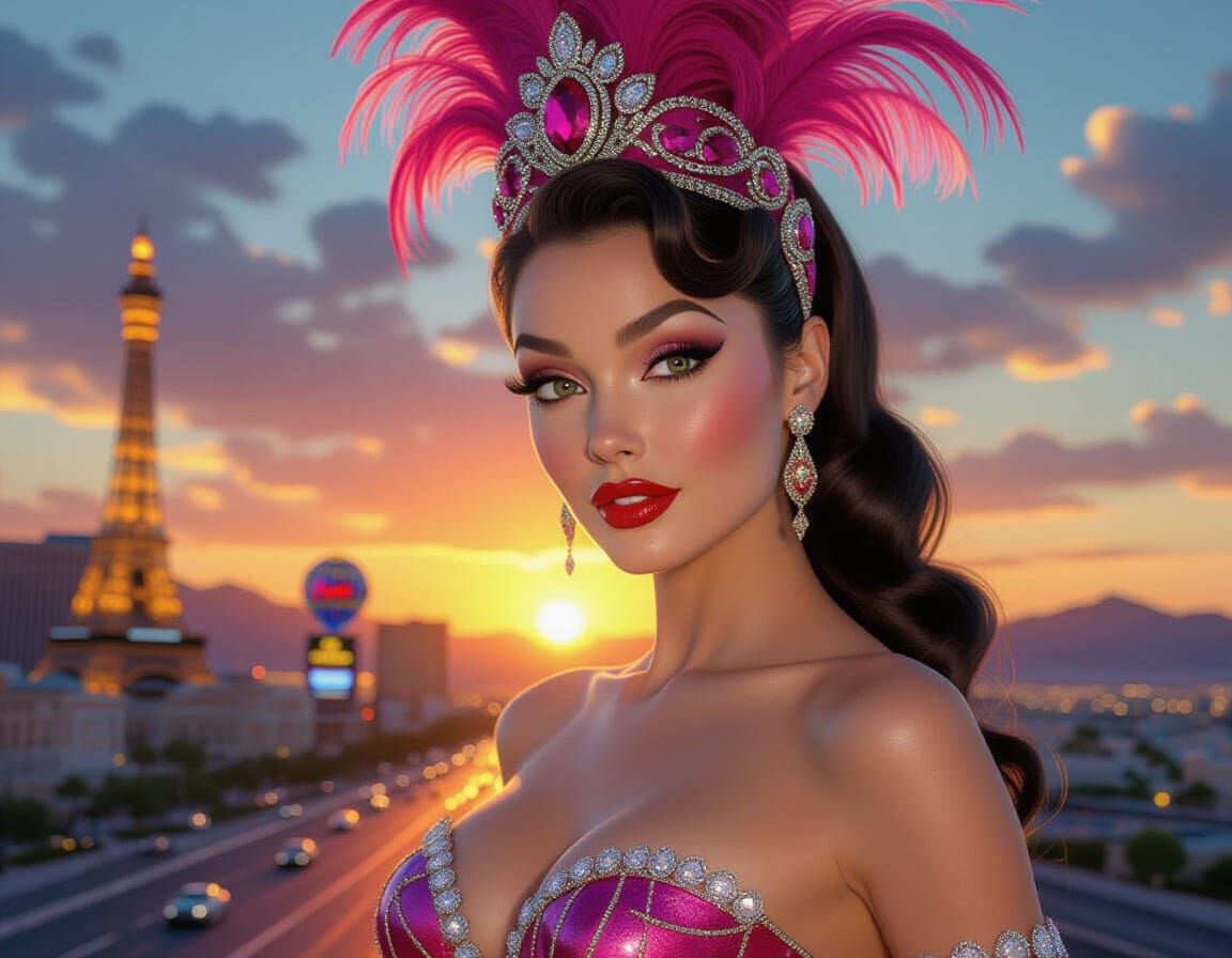 Vegas Showgirl at Sunset: Photorealistic Digital Art