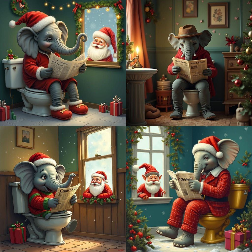 Surreal Christmas Scene with Elephant on Toilet and Santa's....