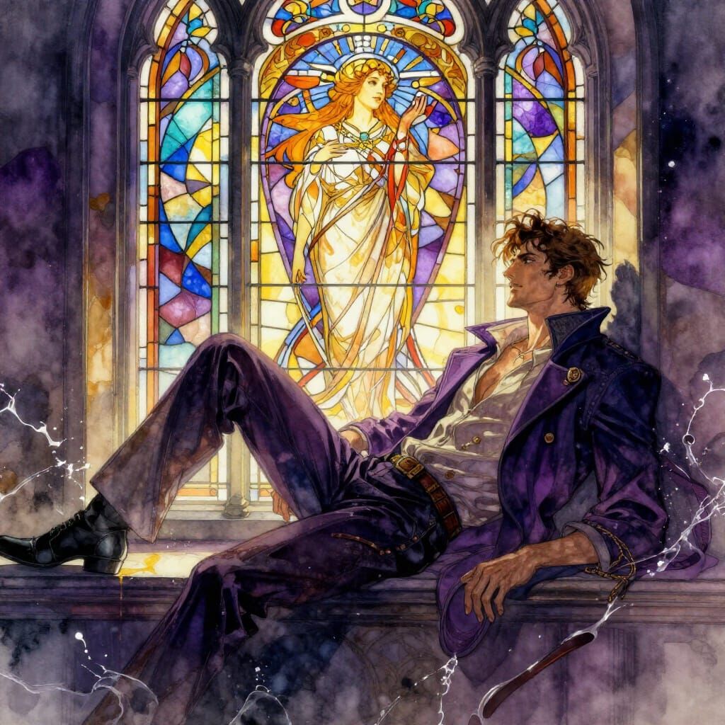 Man Relaxing by Stained Glass Window Watercolor Art
