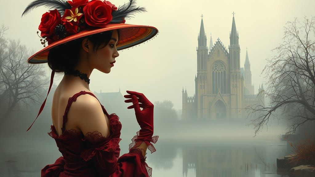 Asian Woman in Crimson Victorian Dress: Oil Painting