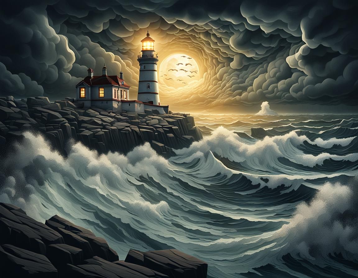 Lighthouse Battling Stormy Seas: Digital Matte Painting