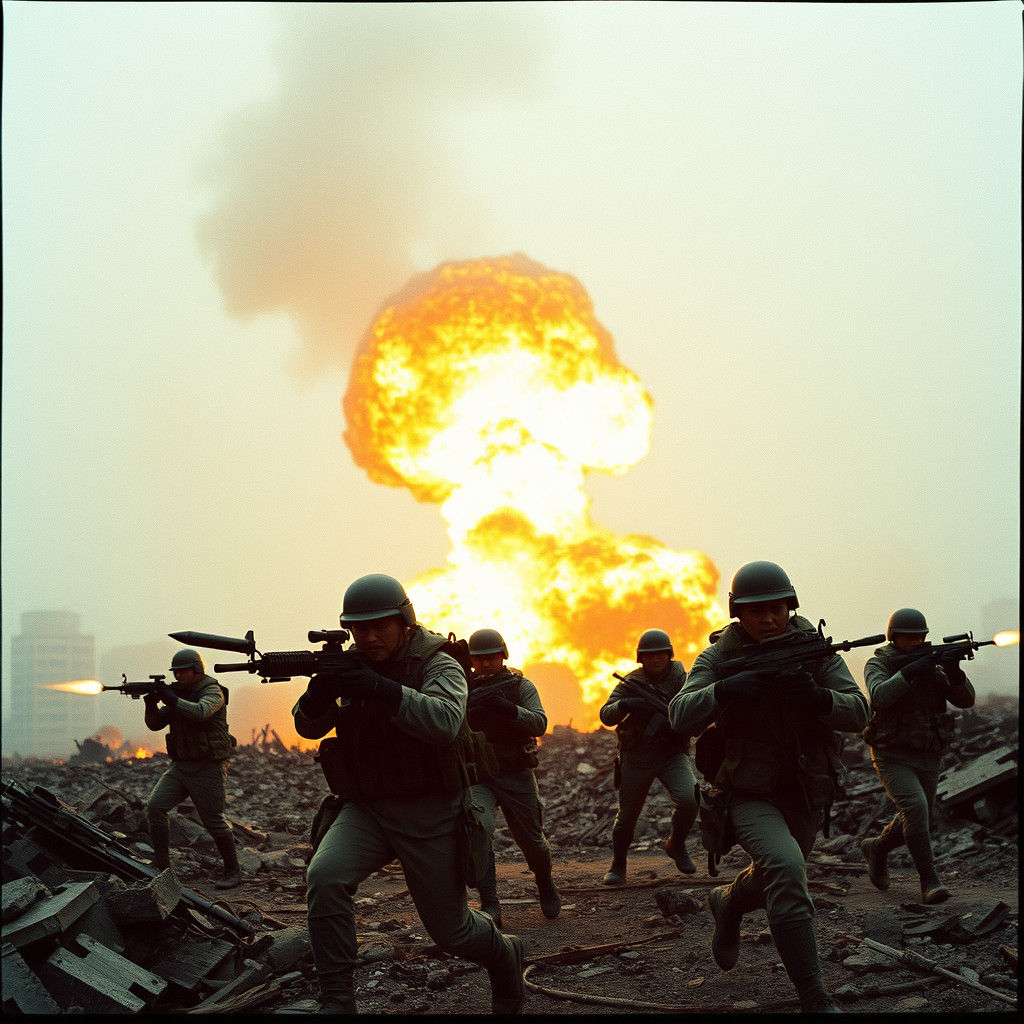 Cinematic Military Scene in Ruins with Explosions