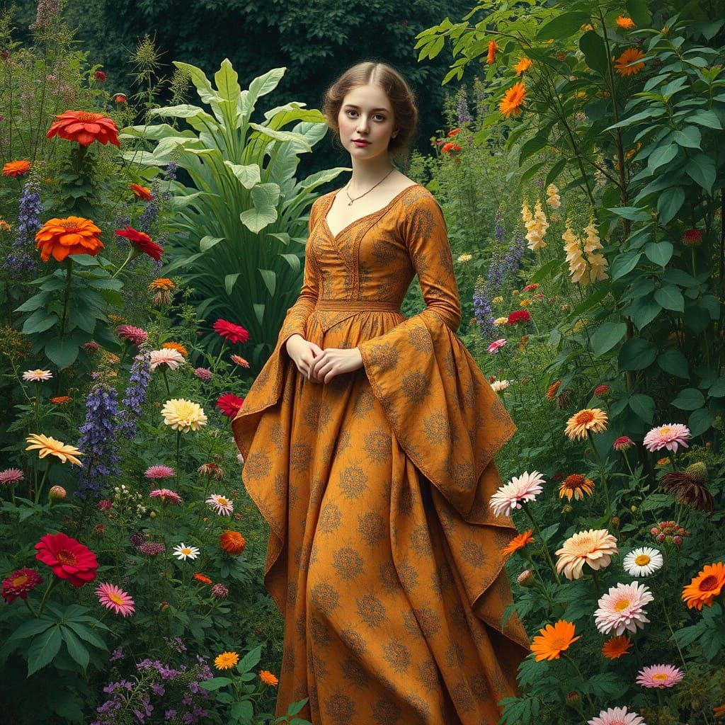 Victorian Woman in Lush Pre-Raphaelite Garden