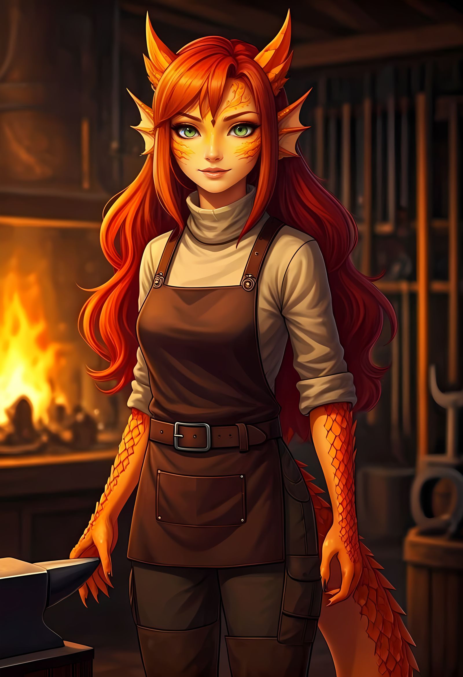 Slender Scaley Blacksmith in Vibrant Anime Style