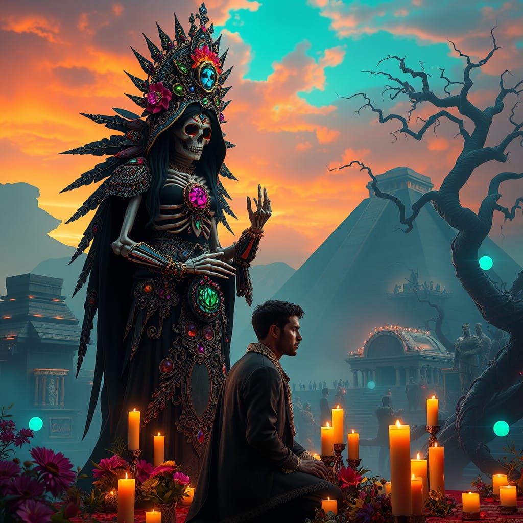 Majestic Aztec Grim Reaper Goddess in Devotional Prayer