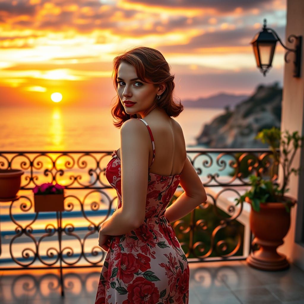 Glamorous Pinup Model Basks in Mediterranean Sunset