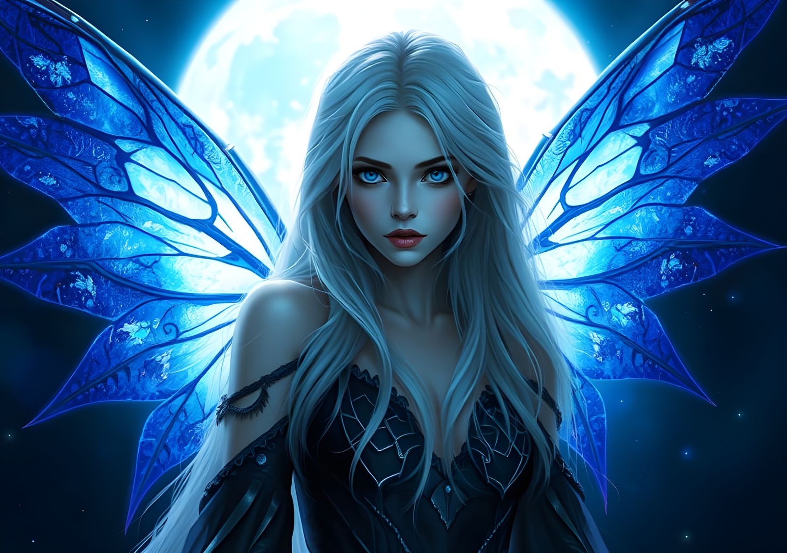 Mystical Fairy with Blue Wings in Gothic Moonlight