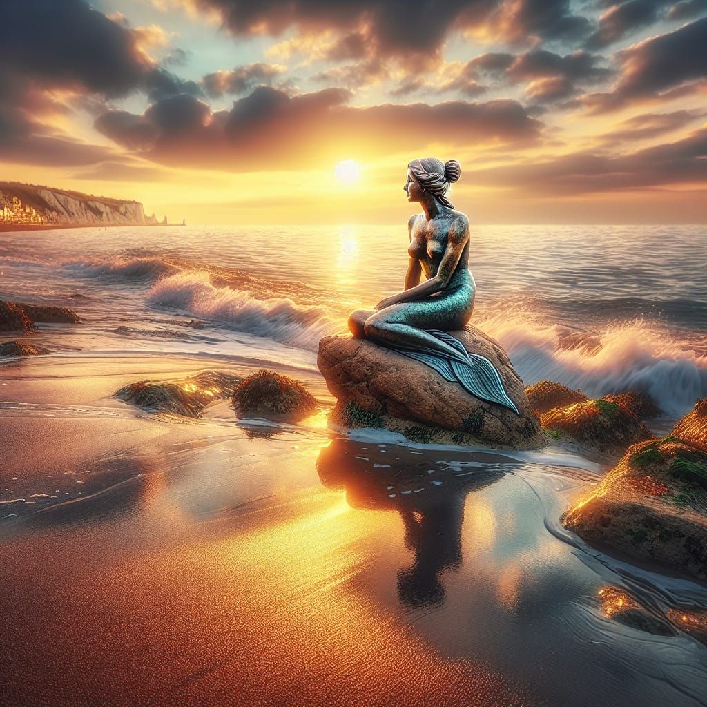 Mermaid Sculpture Gazing at Golden Sunset, Acrylic Painting