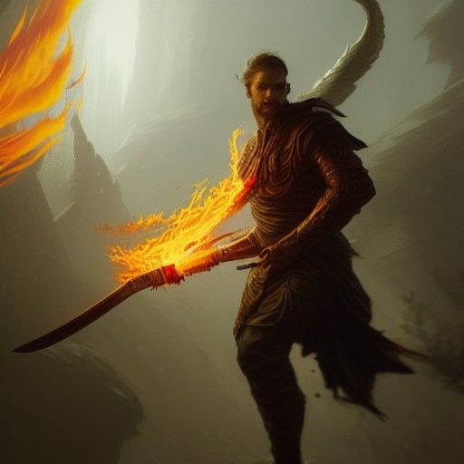 Powerful Man with Flaming Sword in Dark Fantasy Art