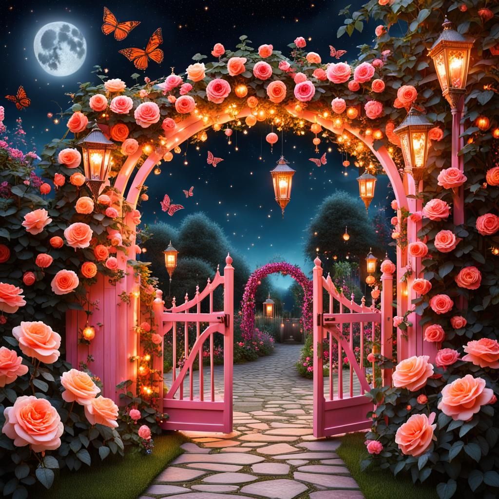 Floral Secret Garden Gate at Night