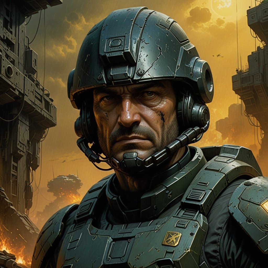 The face of Sergeant Edward 'Eddie' Malcolm Buck of the ODST, a battle-hardened elite soldier from the Halo universe, wi...