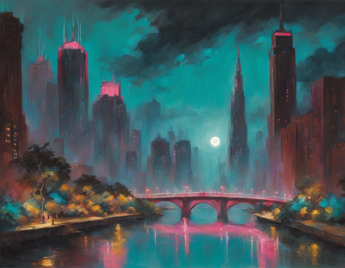 Dreamlike Futuristic Metropolis Under a Blood Moon