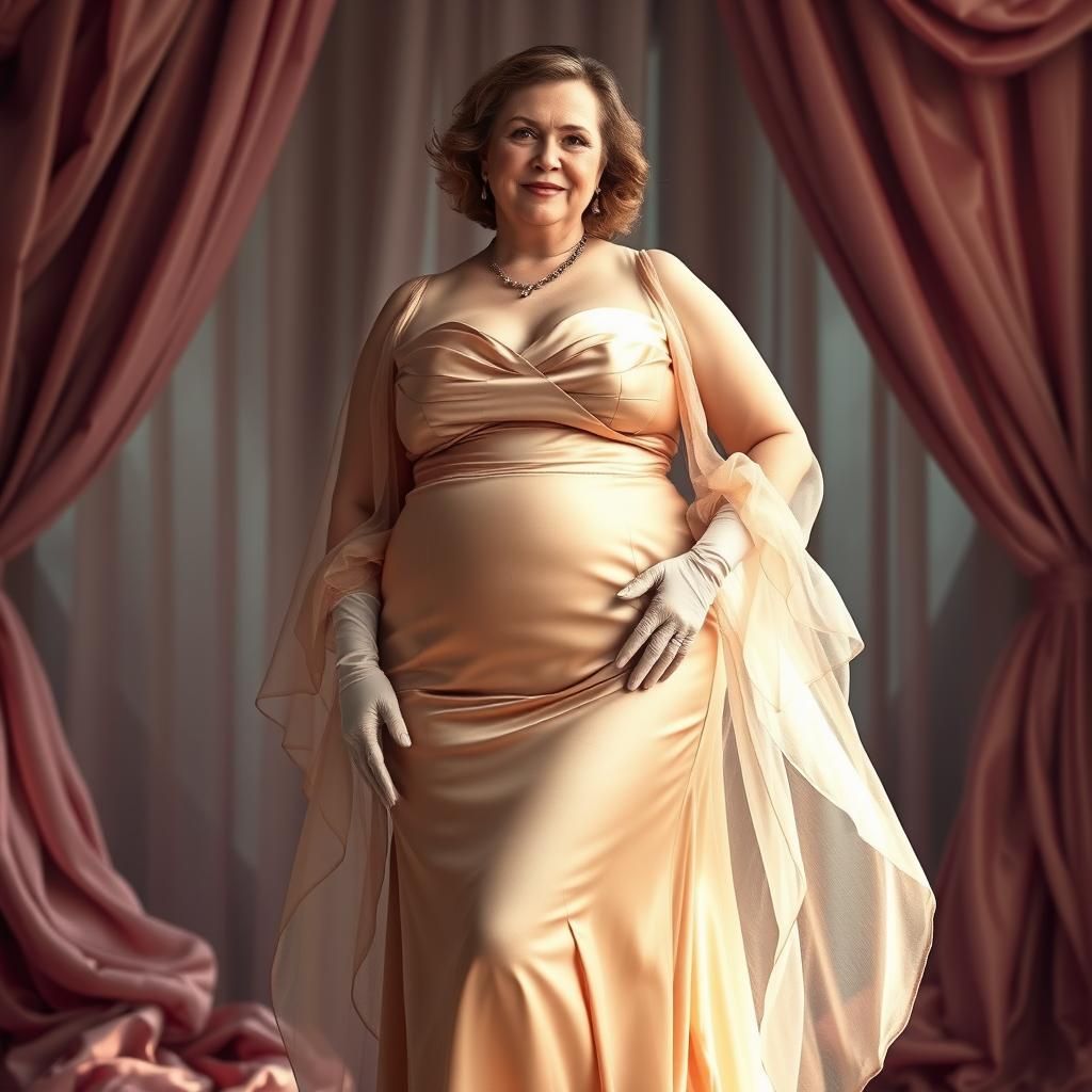 A middle aged plus-sized woman with a prominent belly, wide ...