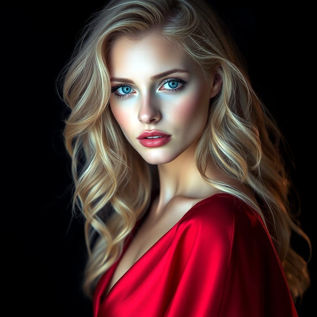 Enchanting Red Silk Beauty in Hyperreal Style