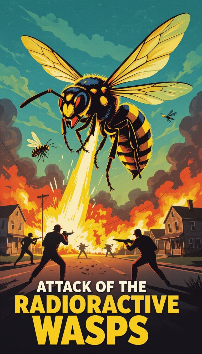 Giant Radioactive Wasp Attacks Town in Movie Poster Art