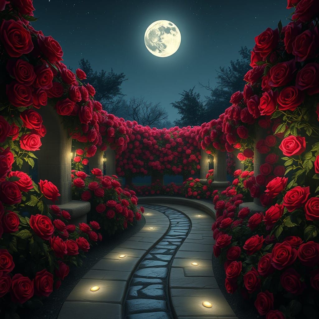 Mystical Rose Garden Oasis in Moonlit Splendor