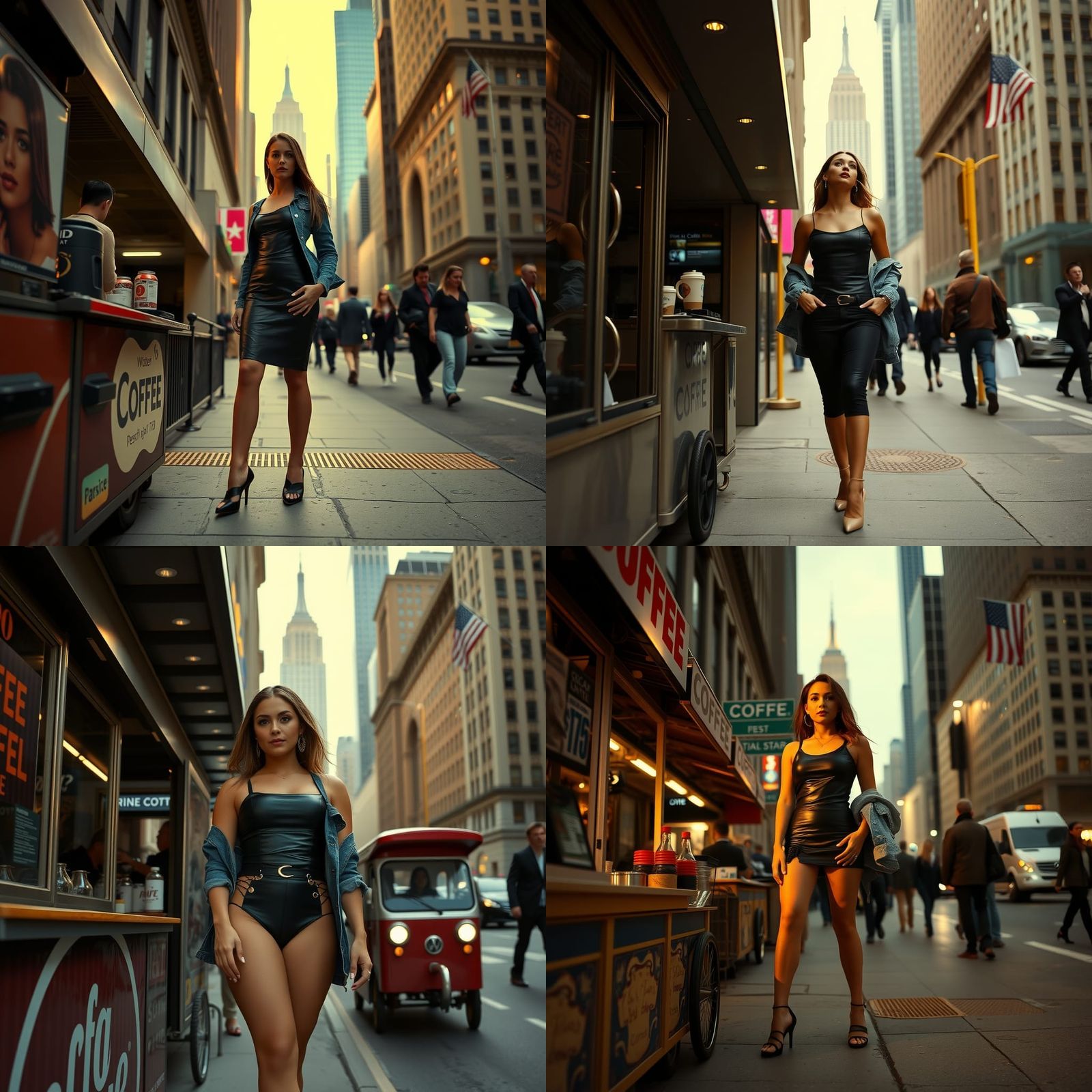 Cinematic Film Still of Woman at City Coffee Cart