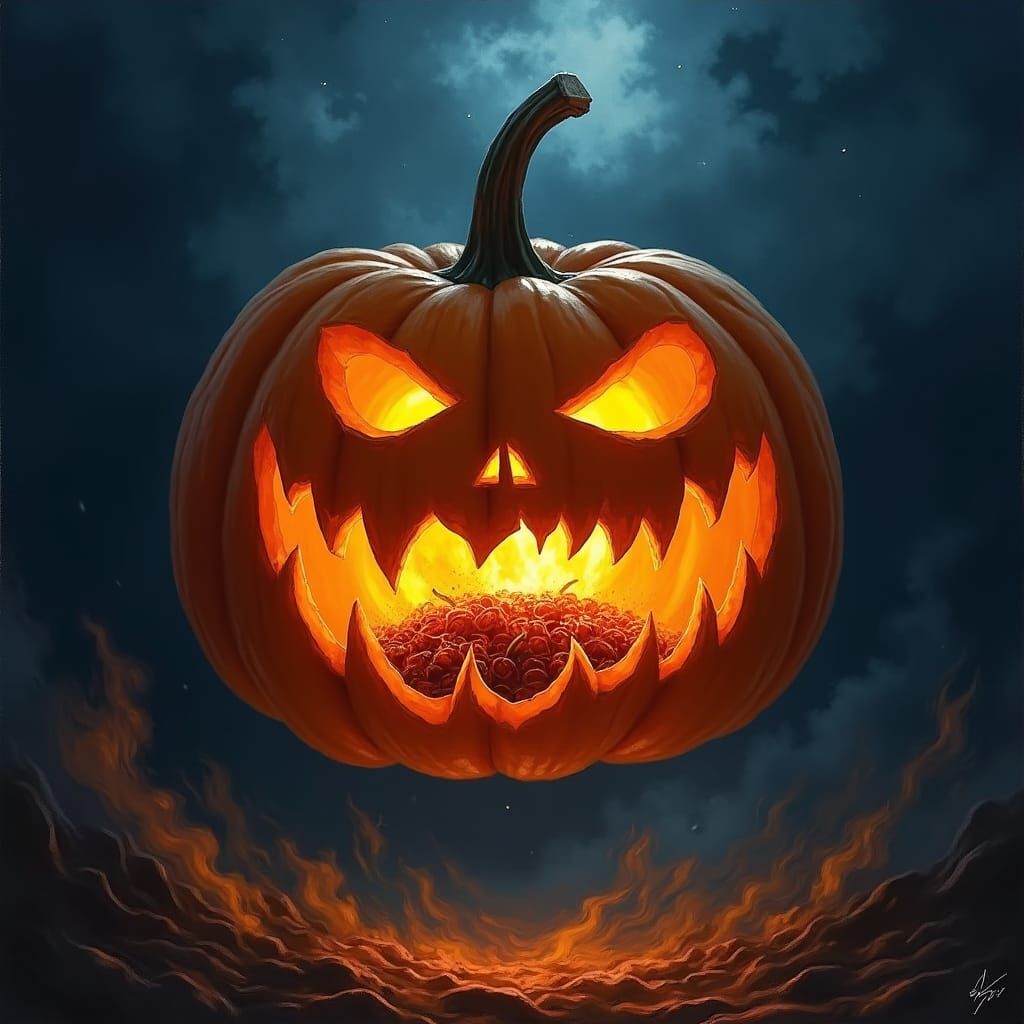 Halloween Pumpkin Cauldron in Mystical Night Sky