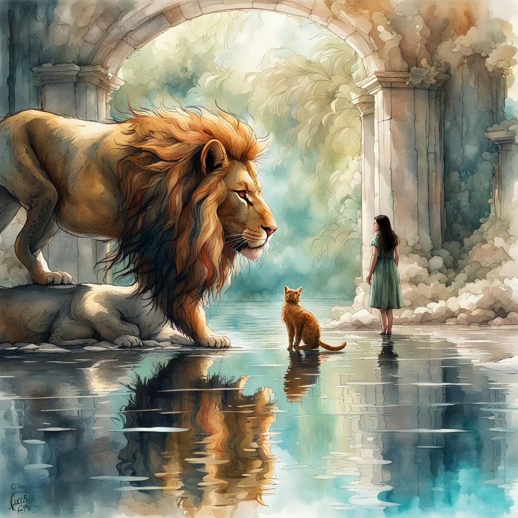 Cat and Lion Water Reflection in Watercolor Style