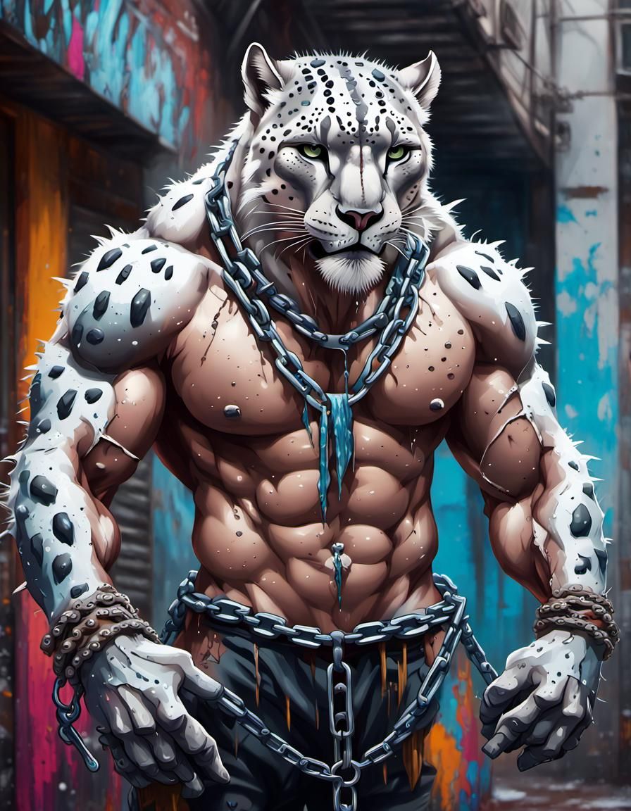 anthropomorphic snow leopard man with massive muscular muscl...