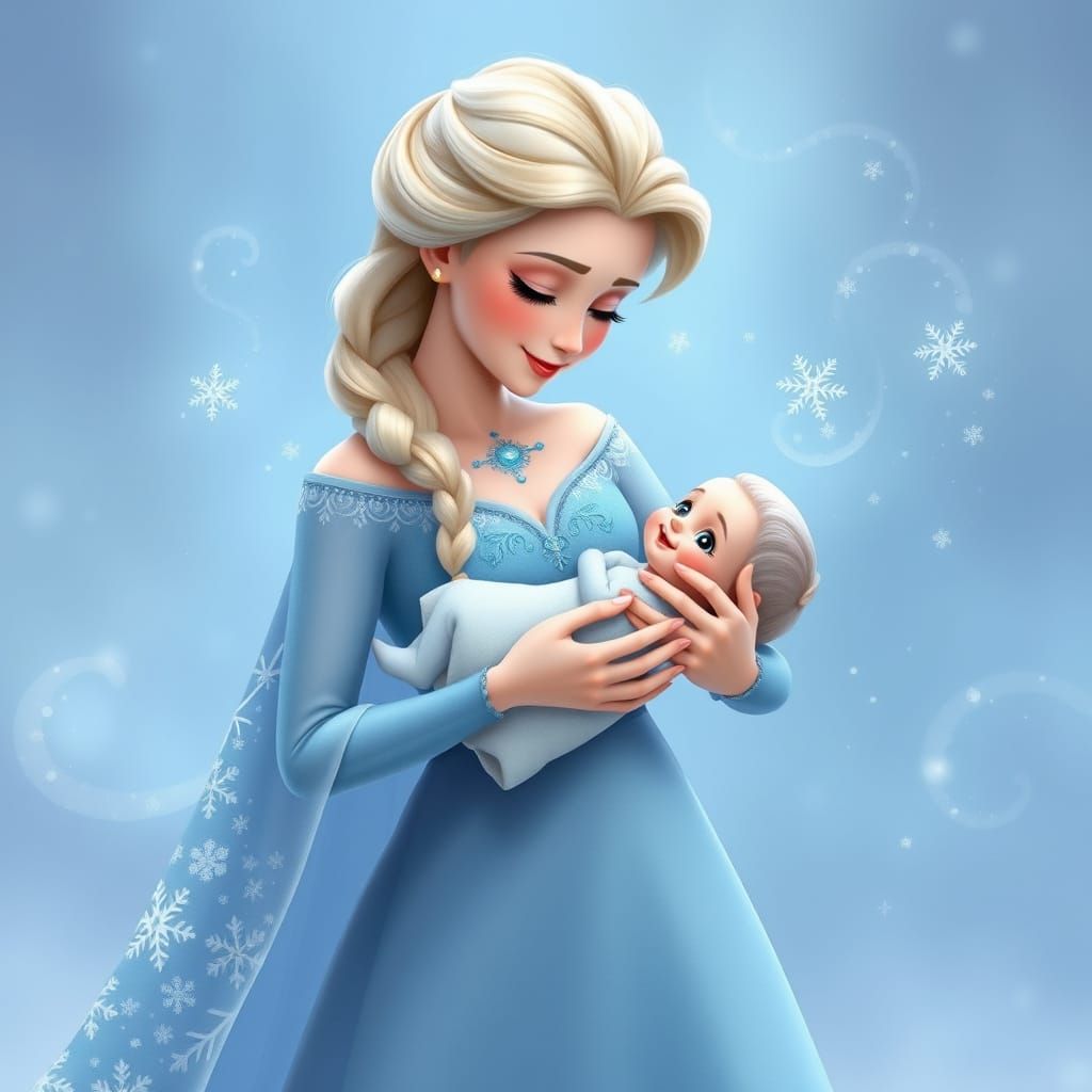 Elsa as a Nurturing Mother in Elegant Winter Wonderland