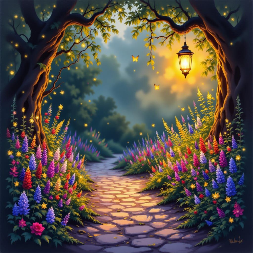 Old Lantern Glows on Wildflower Path in Oil Painting Style