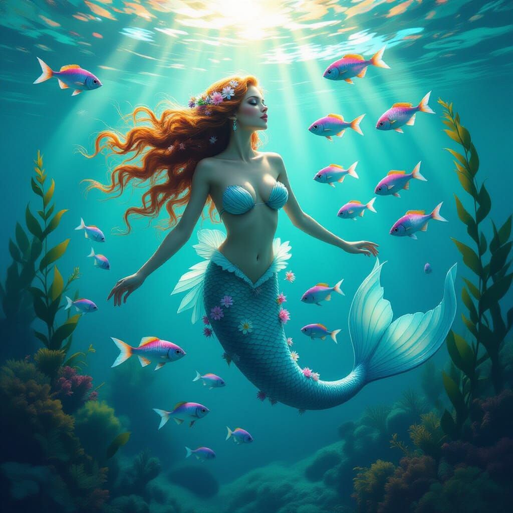 Ethereal Mermaid Frolicking with Iridescent Fish