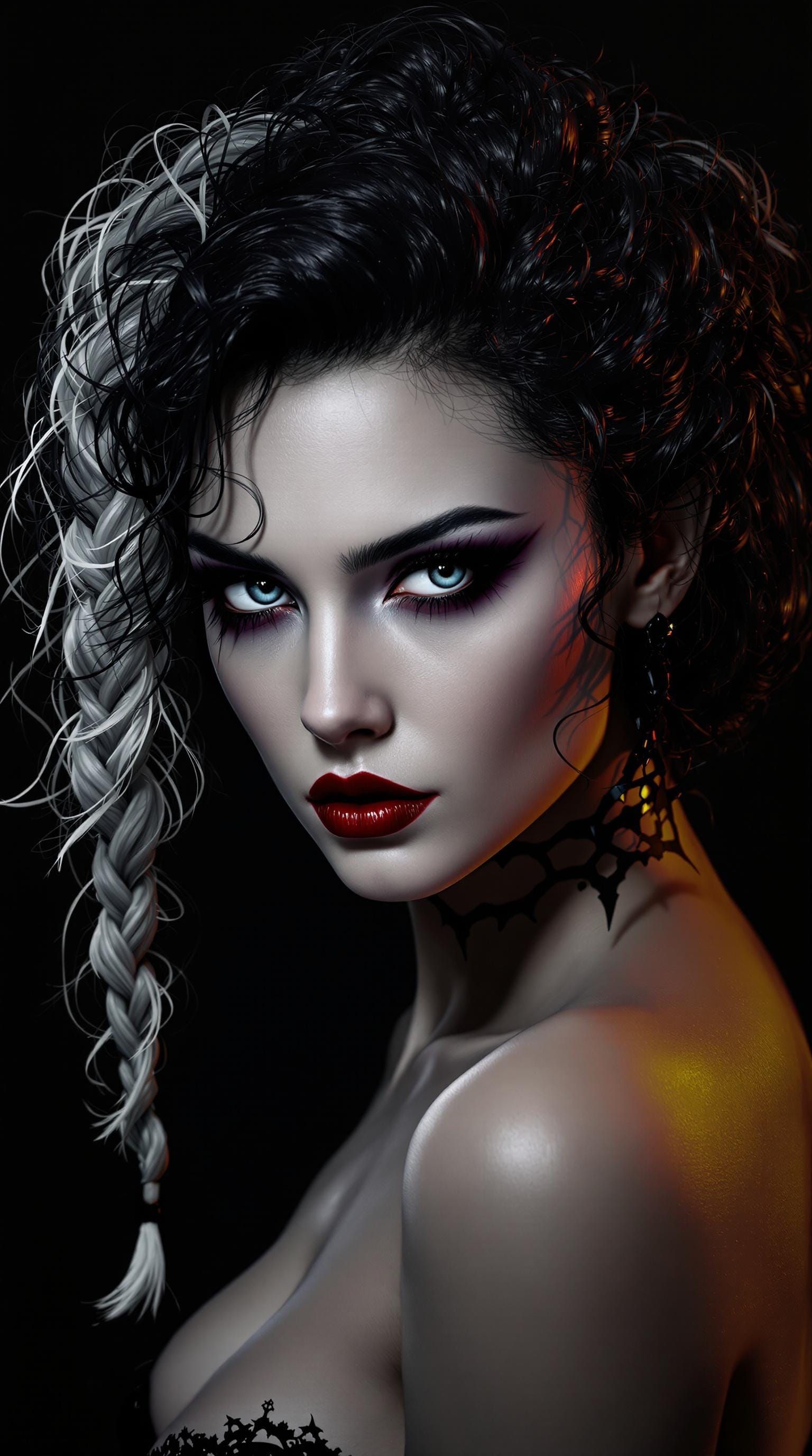 Gothic Goddess with Dramatic Features and Bold Makeup in Dar...
