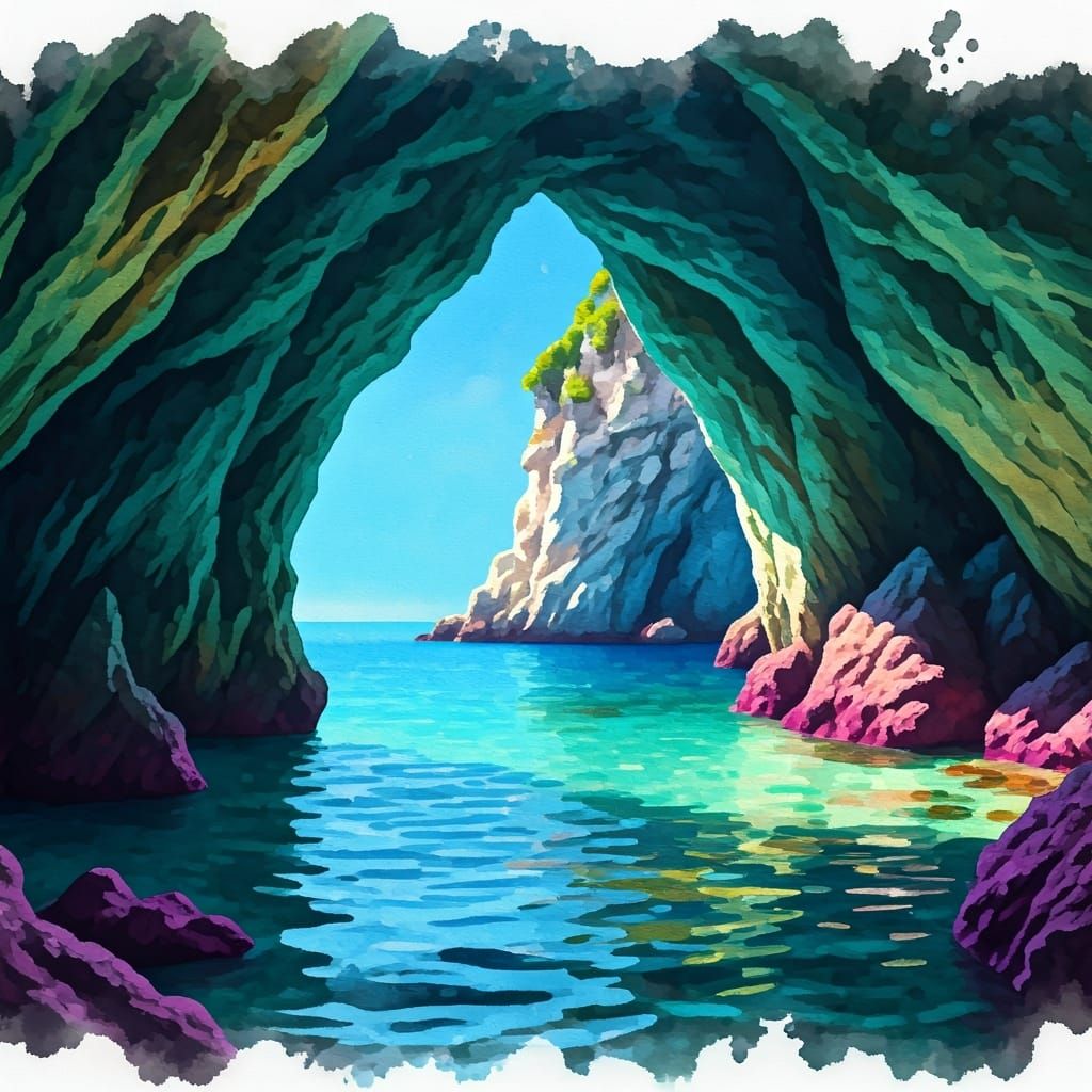 Mediterranean Sea Cave Retreat in Watercolor