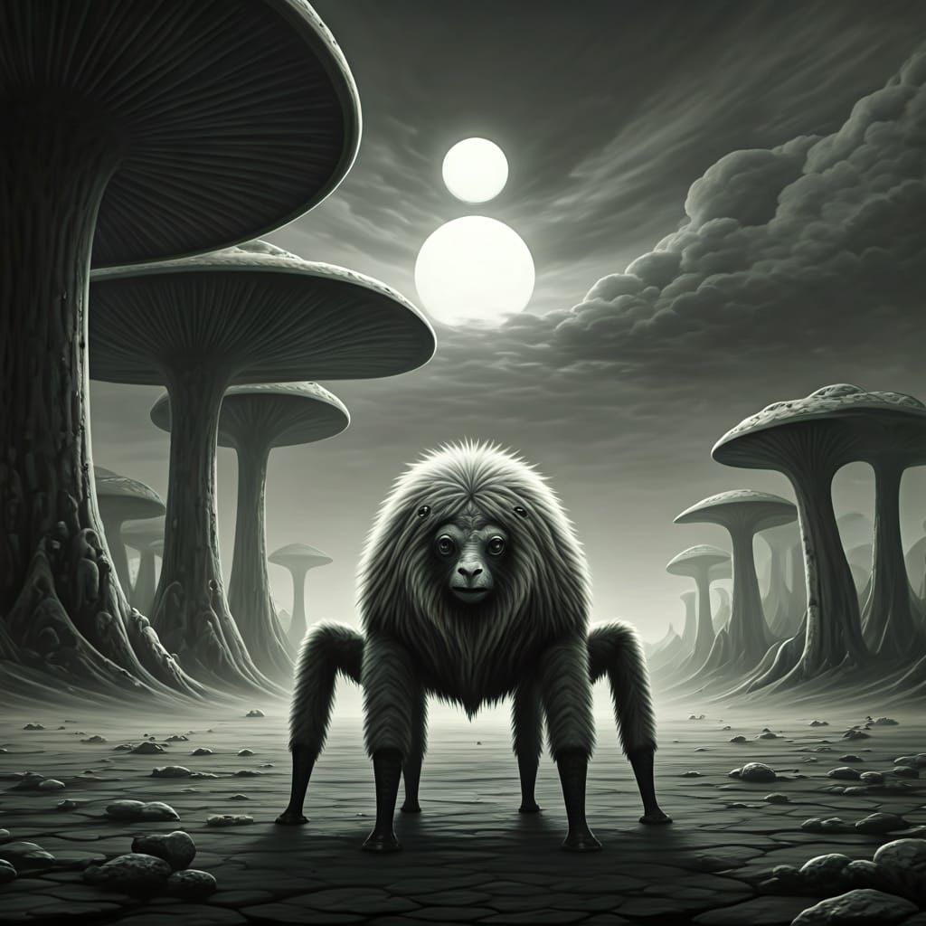 Alien Creature on Mystical Landscape with Three Suns