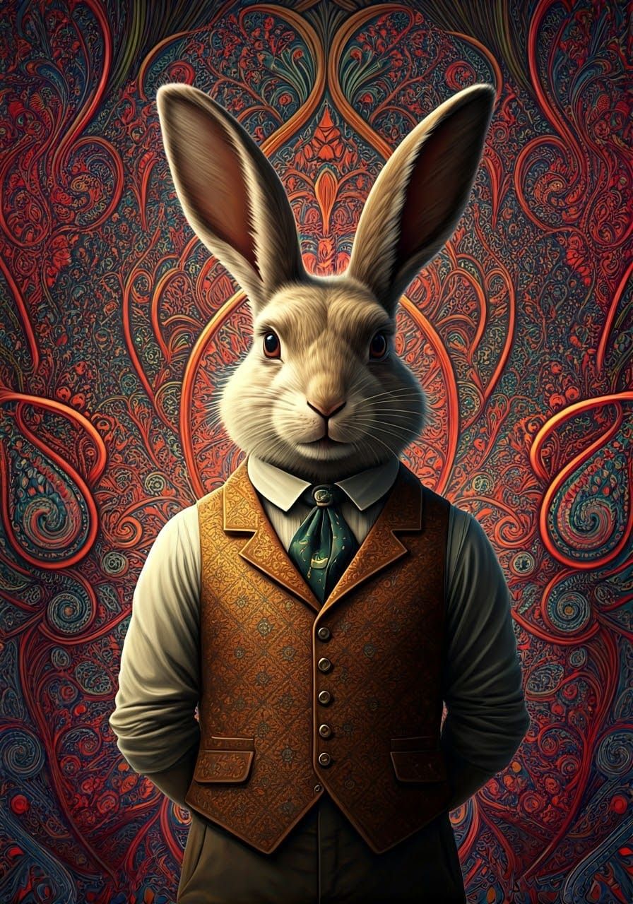 Rabbit in Waistcoat: Paisley Mandala Digital Art