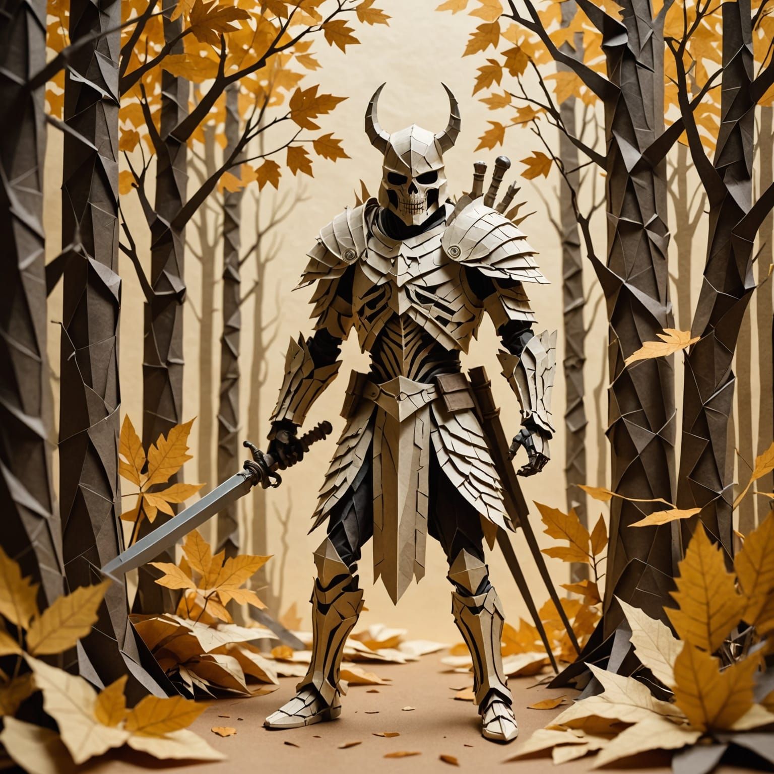 Skeleton Warrior in Textured Paper Forest