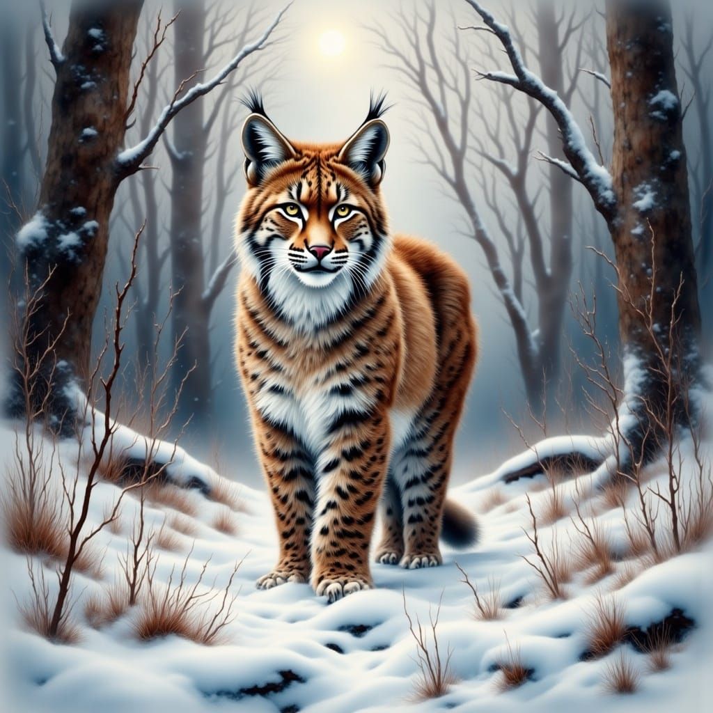 Bobcat Portrait in Winter Forest, Antique Watercolor Style