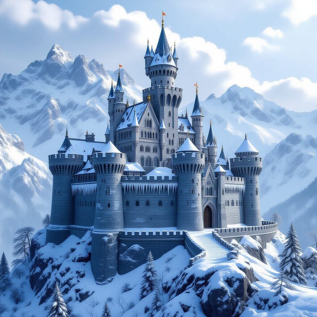 Realistic Medieval Castle in Snow on Mountain Peak