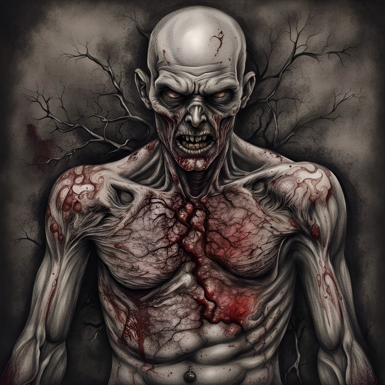 Hyperdetailed Charcoal Drawing of a Zombie Chest