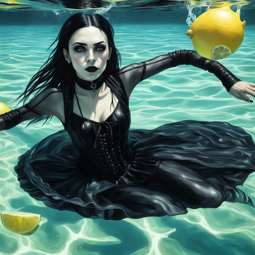 Goth Woman Swimming in Lemonade: Photorealistic Image