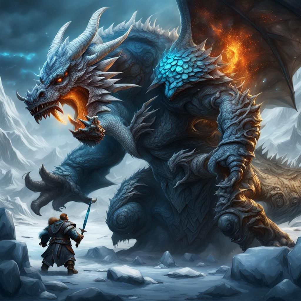 Dwarf and Ice Dragon Fantasy Art