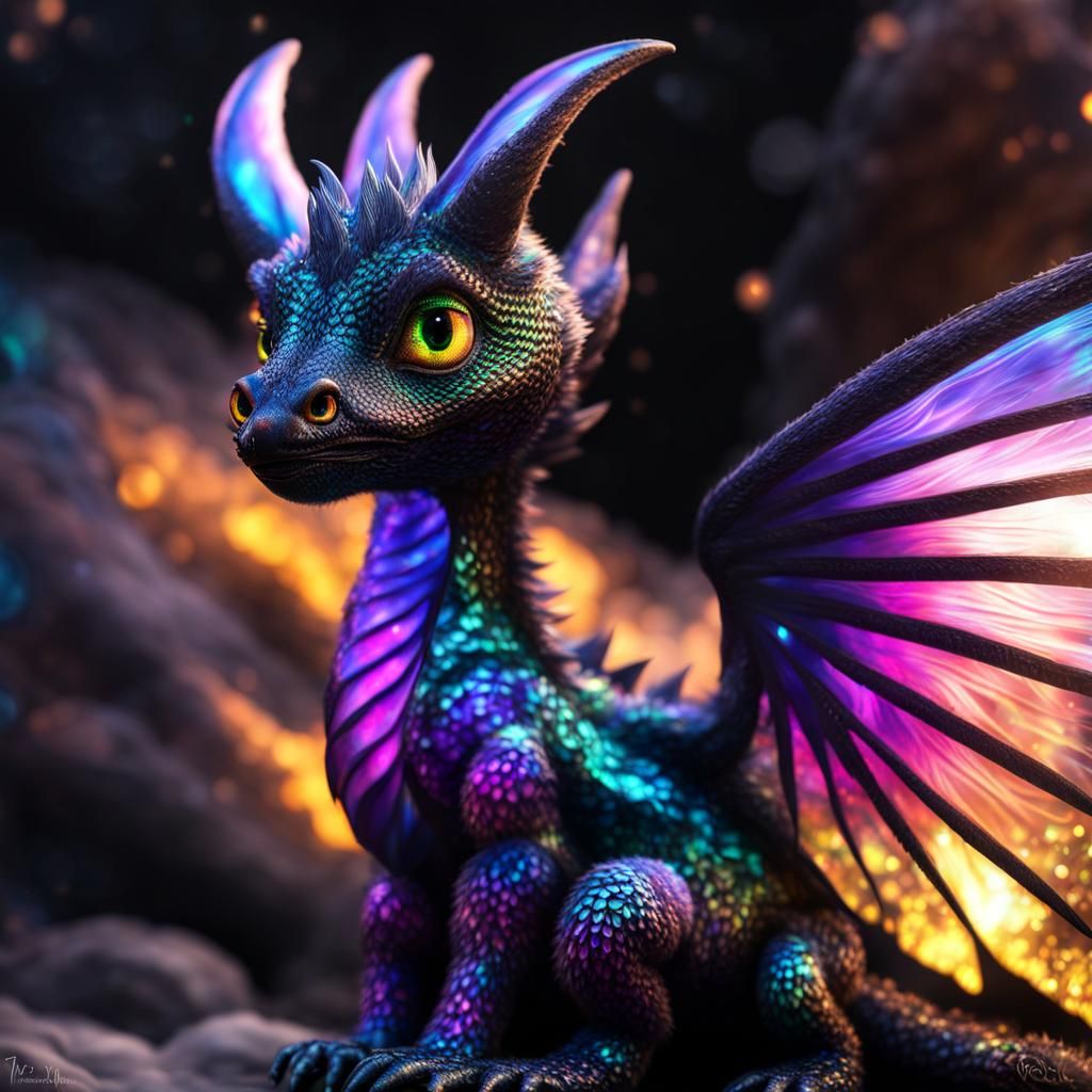 Winged Baby Dragon with Holographic Fur in CGI Style