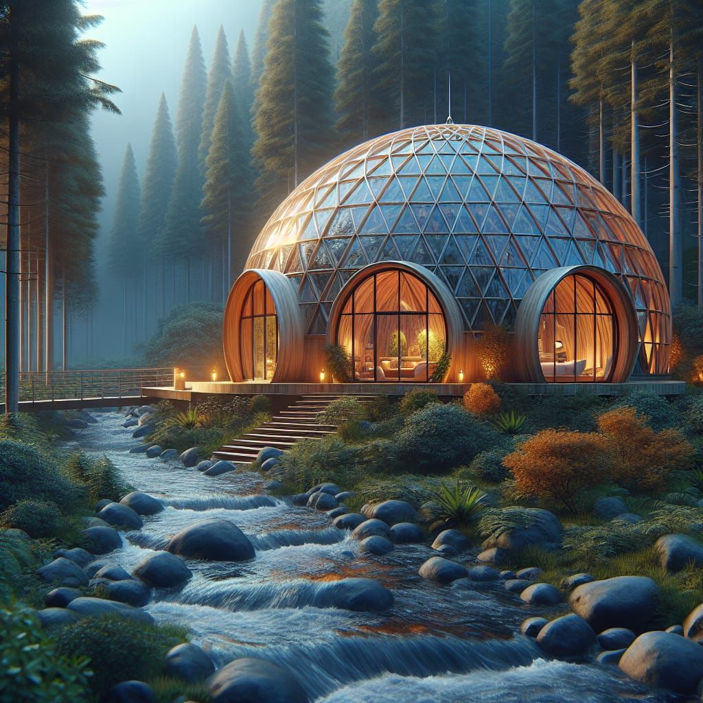 Hyperrealistic Dome House in Forest with Creek