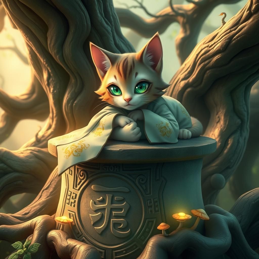 Ethereal Cat-Girl on Mystical Pedestal