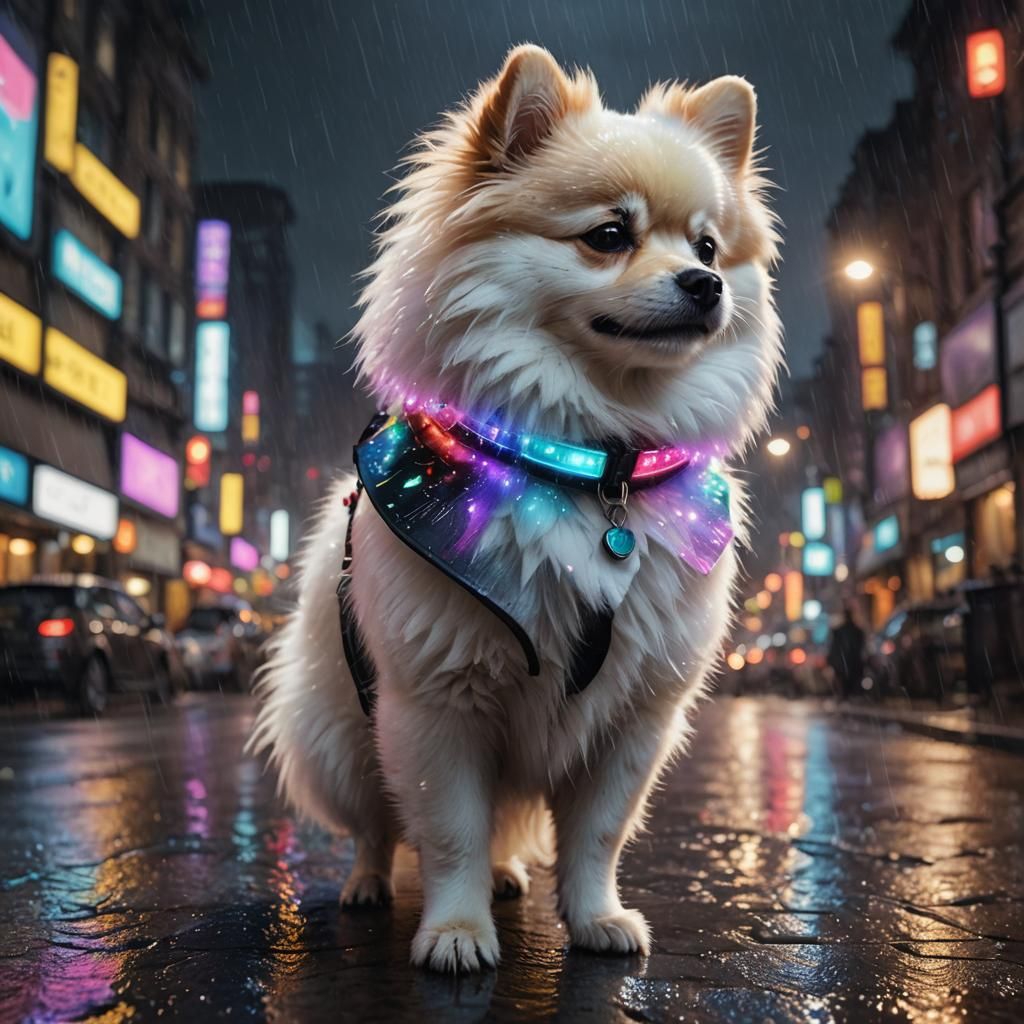 Pomeranian with Luminous Collar in Rainy City: Digital Art