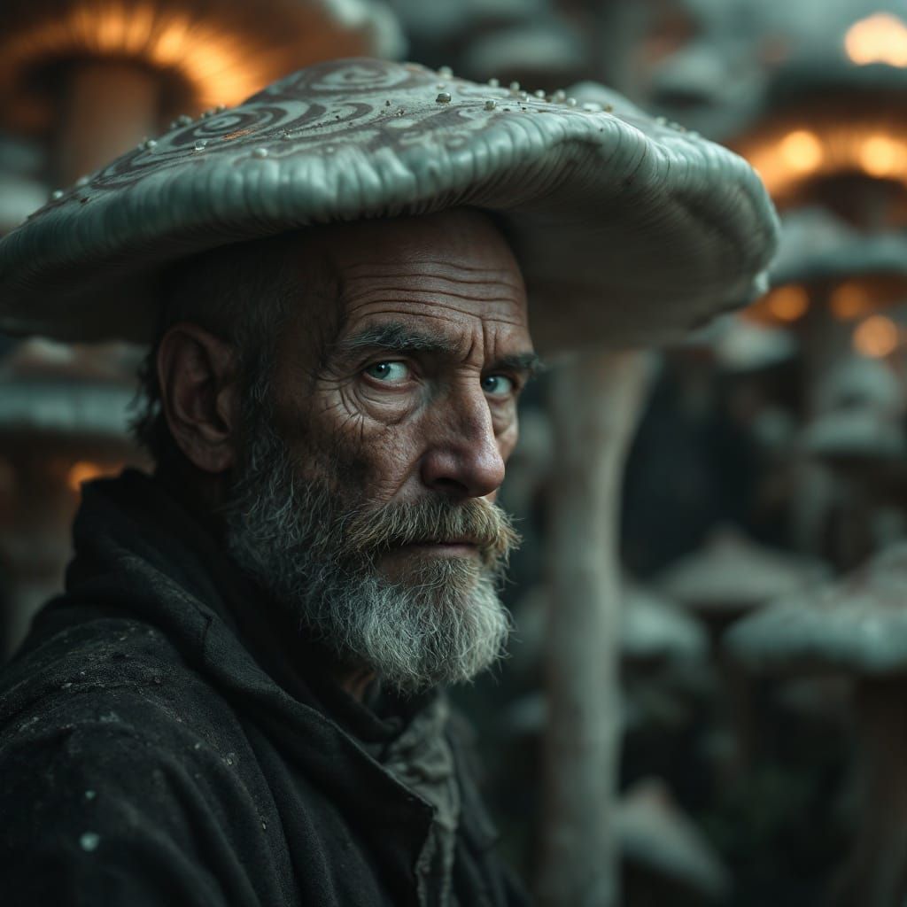 Weathered Hermit in a Surreal Mushroom Landscape