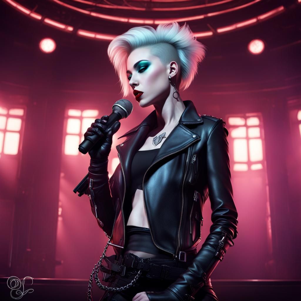 Cyberpunk Singer Portrait on Stage in Surreal Style