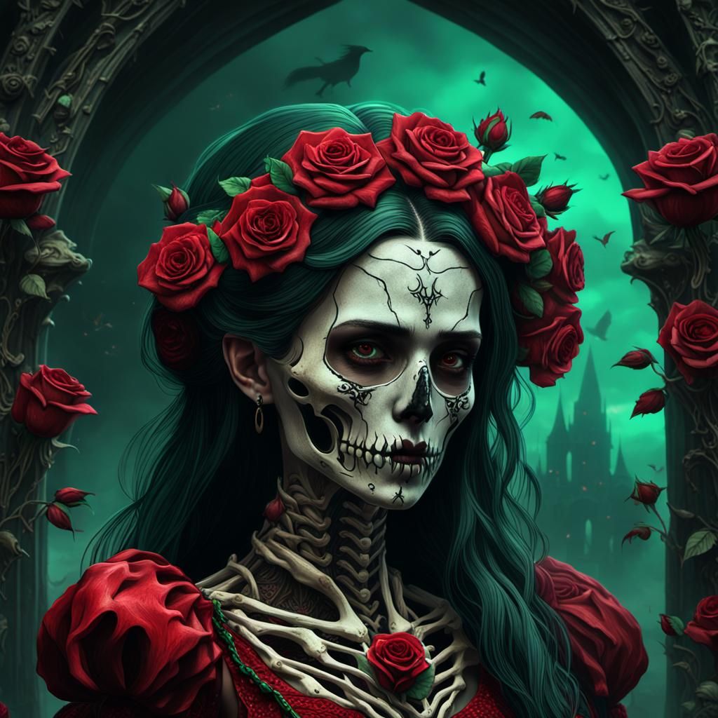 Gothic Bone Woman in Red Dress with Roses