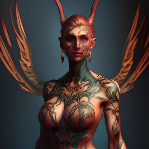 Tattooed Woman Portrait in Art Nouveau Style