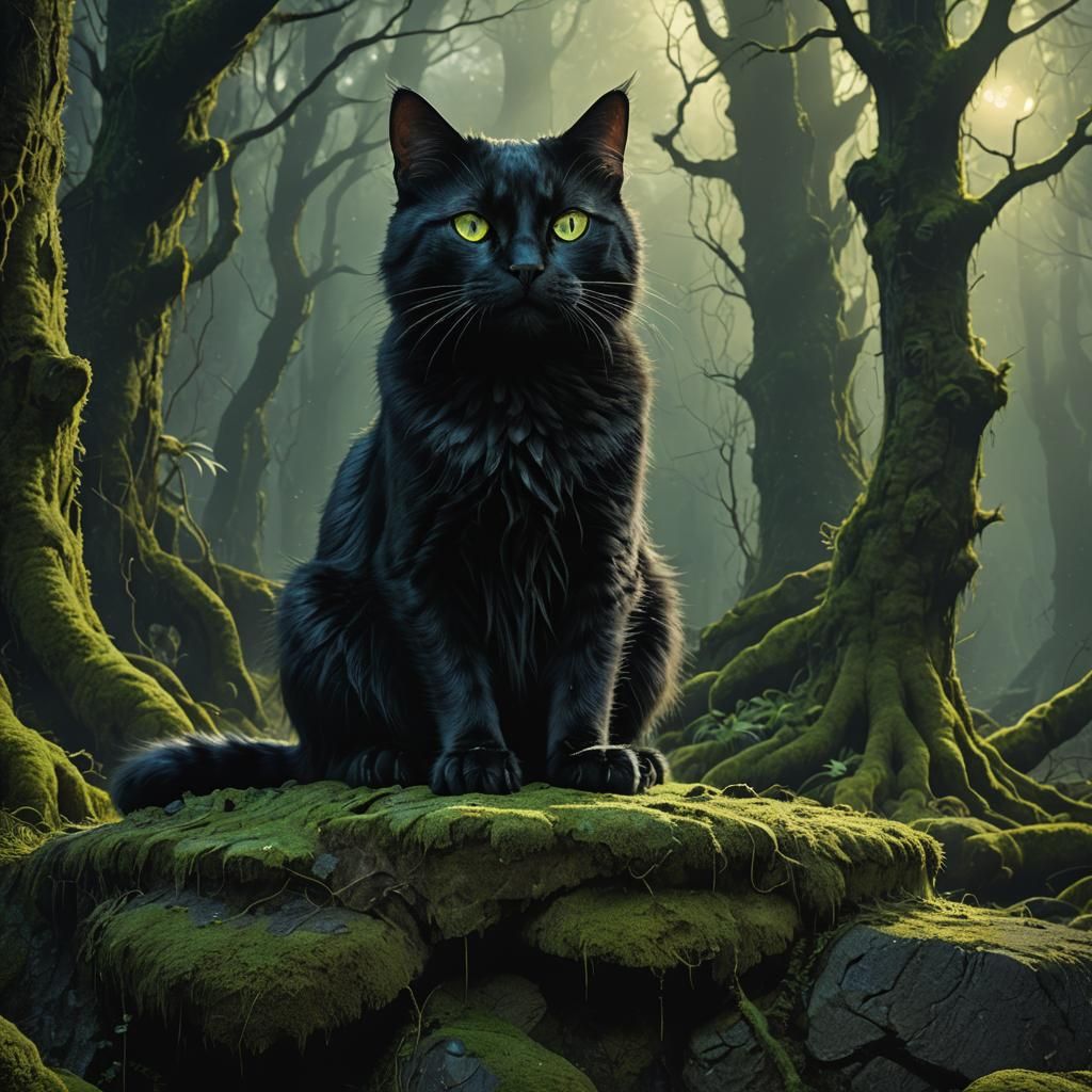 Mysterious Black Cat in Dark Fantasy Forest