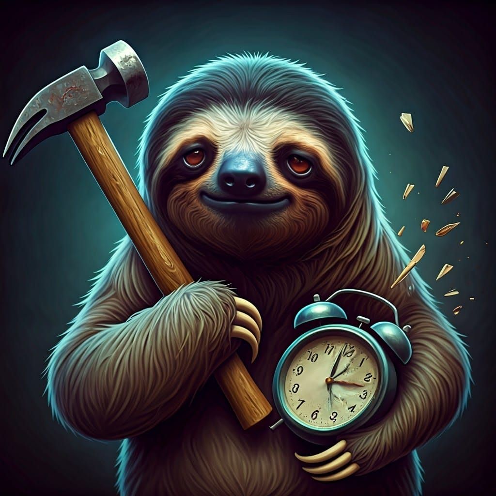 A cute, adorable tired looking sloth smashing an alarm clock with a hammer...