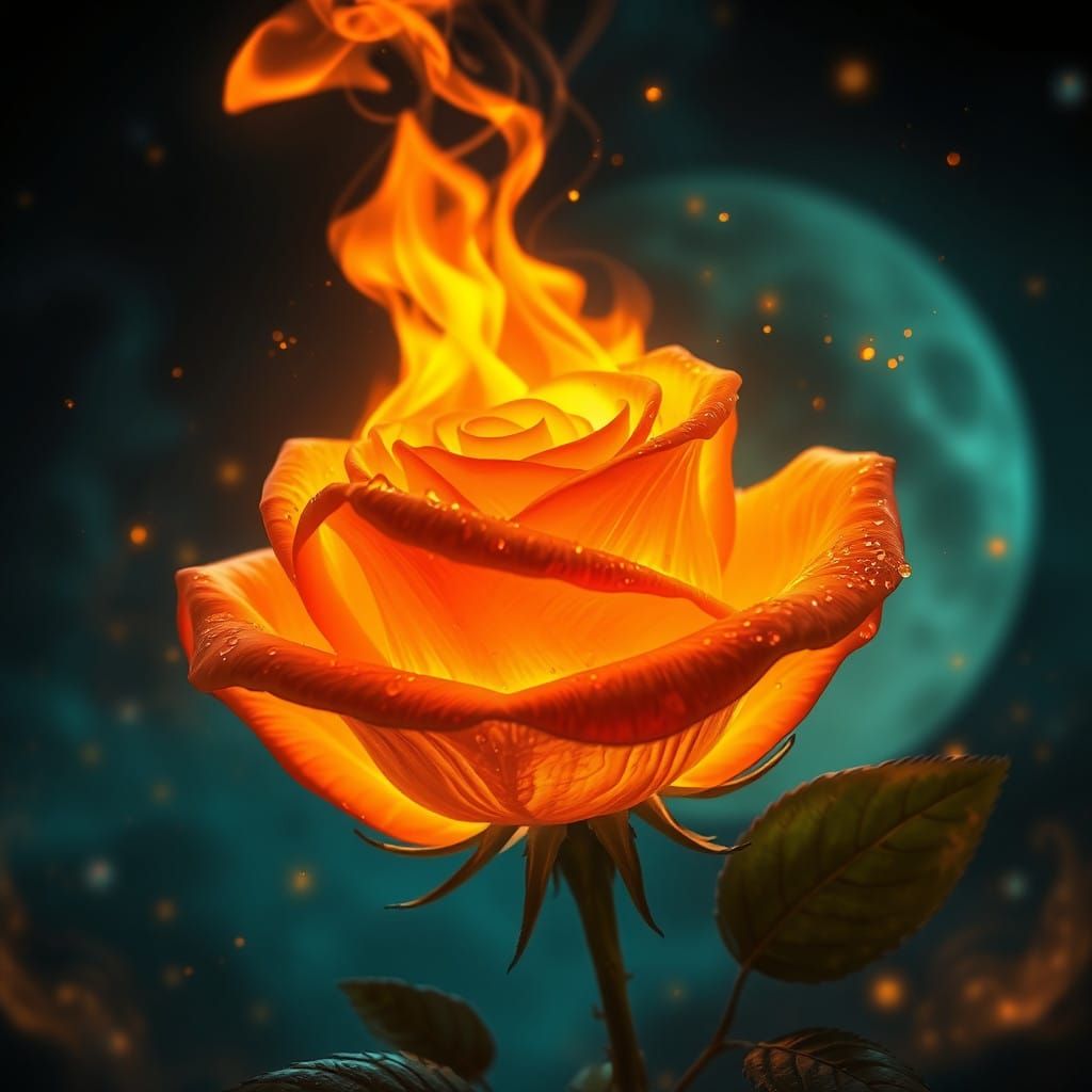 Glowing Burning Rose in Whimsical, Dreamlike Scene