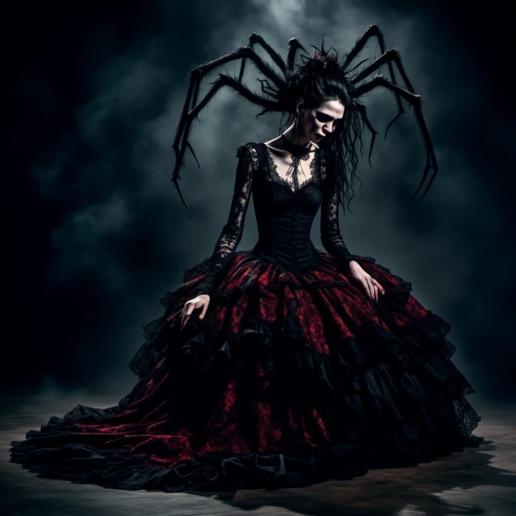 Woman with Spider Limbs in Dark, Dramatic Lighting
